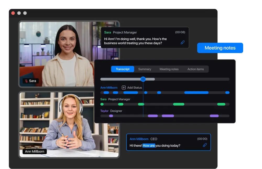 Speaker-identified transcript with Summary, Meeting notes, and Action items tabs