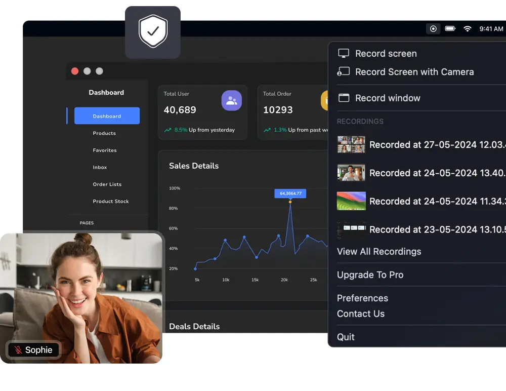 Recordr menu bar app with recording options and local recordings list