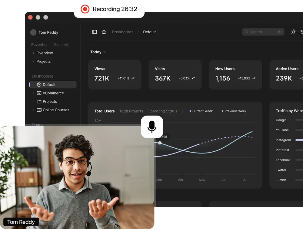 One-click screen recording with webcam overlay and live recording timer