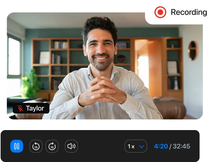 Recordr recording playback with speaker label, skip controls, and playback speed